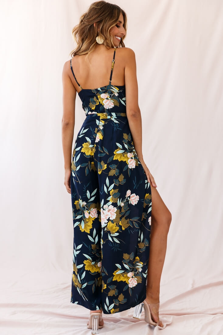 Carrie High Slit Cami Jumpsuit Navy-Maymioy