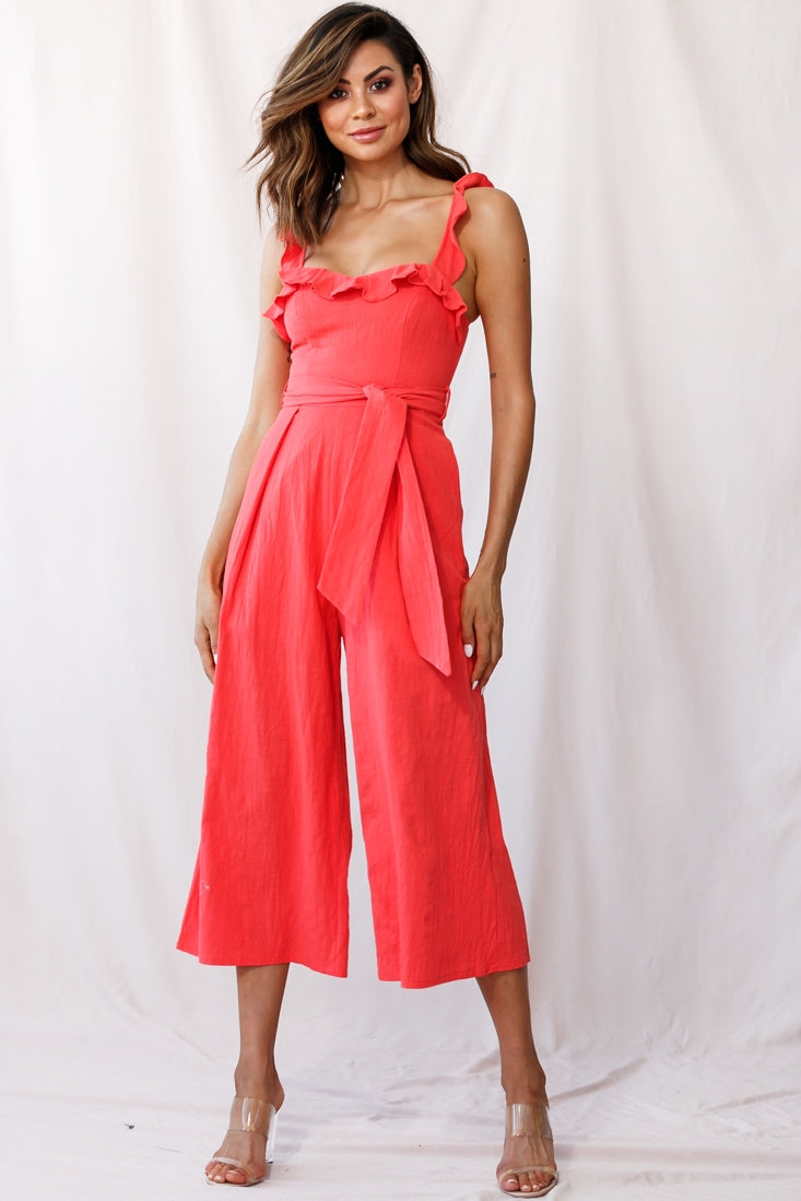 Kaia Ruffle Strap Wide-Leg Capri Jumpsuit Red-Maymioy