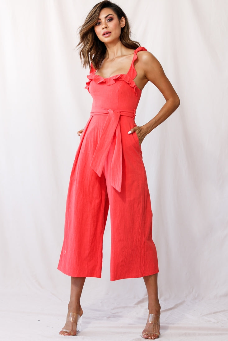 Kaia Ruffle Strap Wide-Leg Capri Jumpsuit Red-Maymioy
