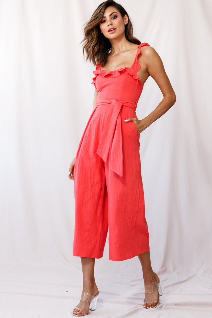 Kaia Ruffle Strap Wide-Leg Capri Jumpsuit Red-Maymioy