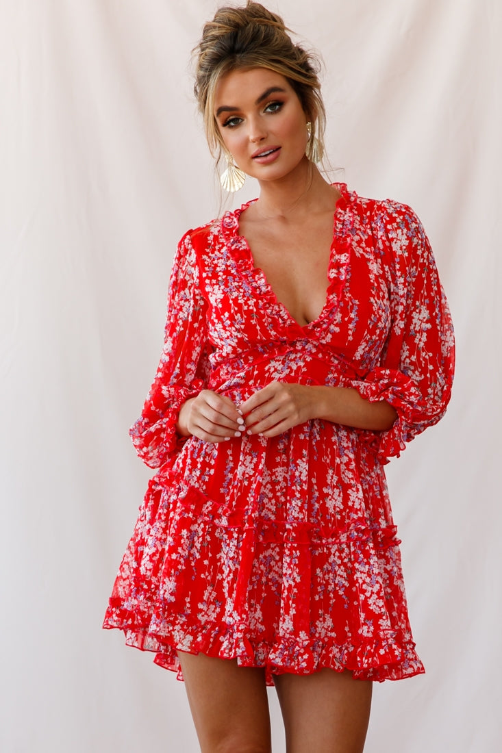 Laney Cutout Back Ruffle Detail Floral Dress Red-Maymioy