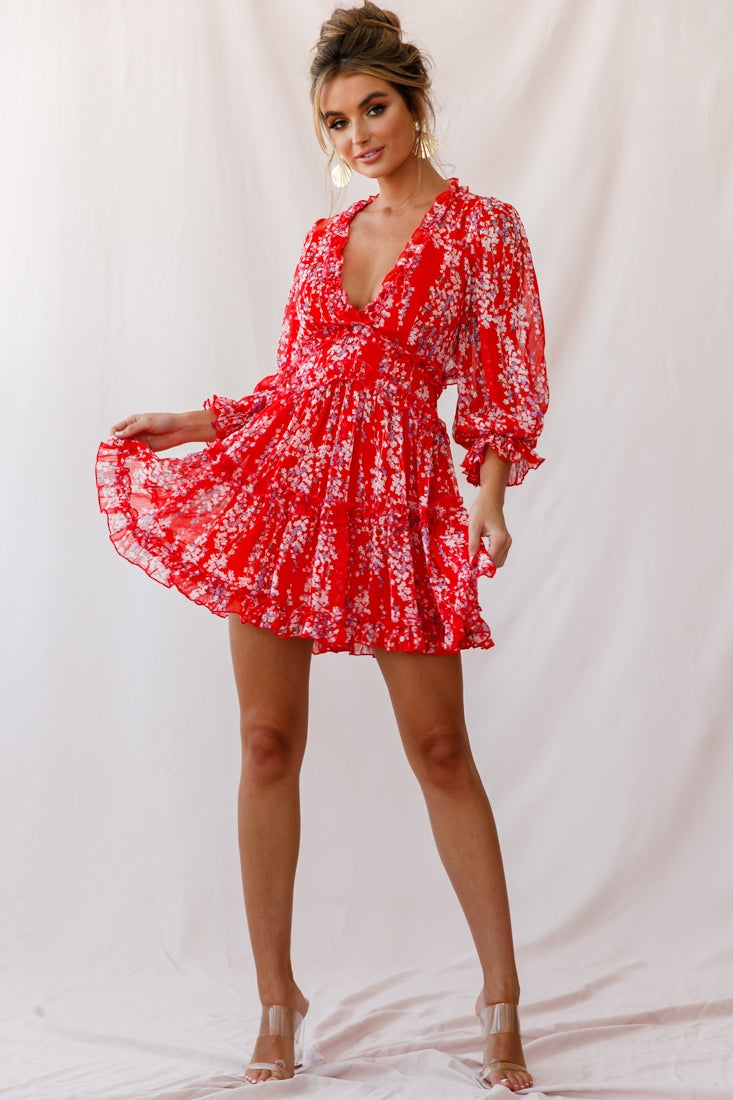 Laney Cutout Back Ruffle Detail Floral Dress Red-Maymioy