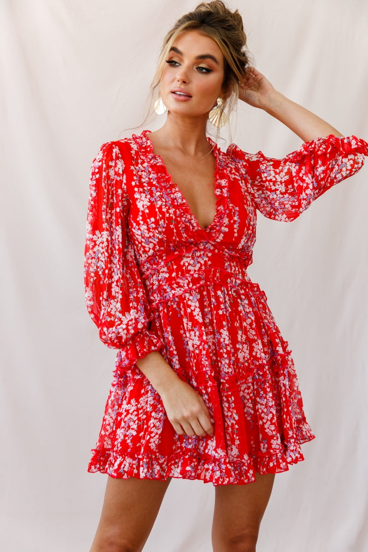 Laney Cutout Back Ruffle Detail Floral Dress Red-Maymioy