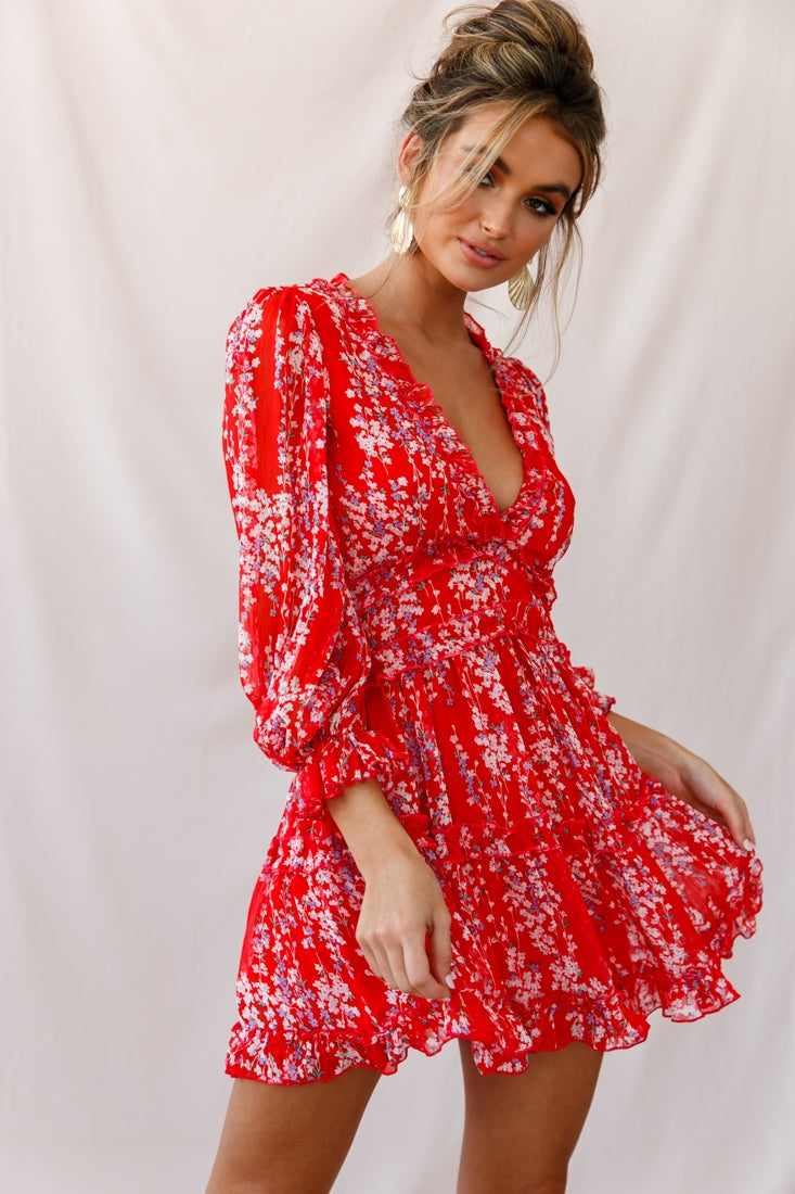 Laney Cutout Back Ruffle Detail Floral Dress Red-Maymioy