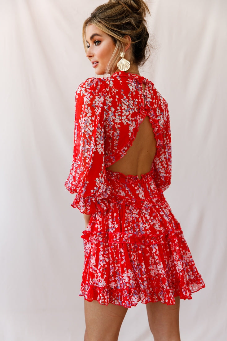 Laney Cutout Back Ruffle Detail Floral Dress Red-Maymioy