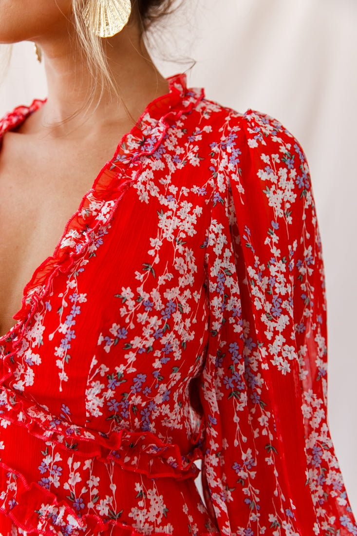 Laney Cutout Back Ruffle Detail Floral Dress Red-Maymioy
