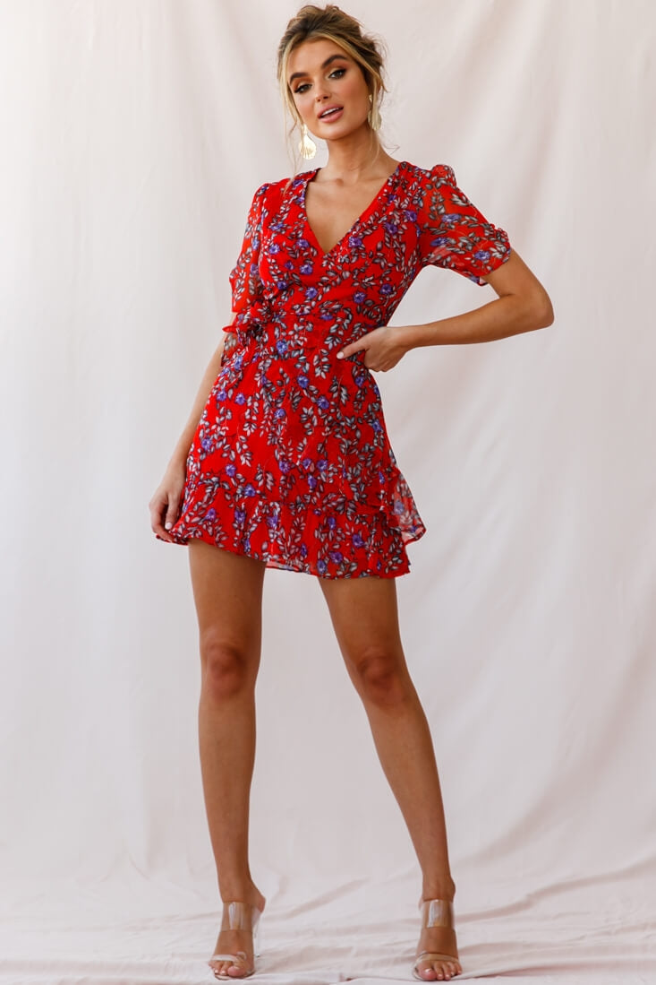 Edie V-Neck Chiffon Dress Red-Maymioy