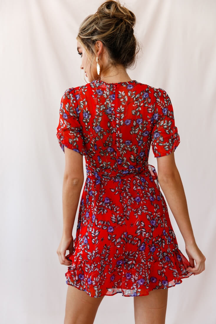 Edie V-Neck Chiffon Dress Red-Maymioy