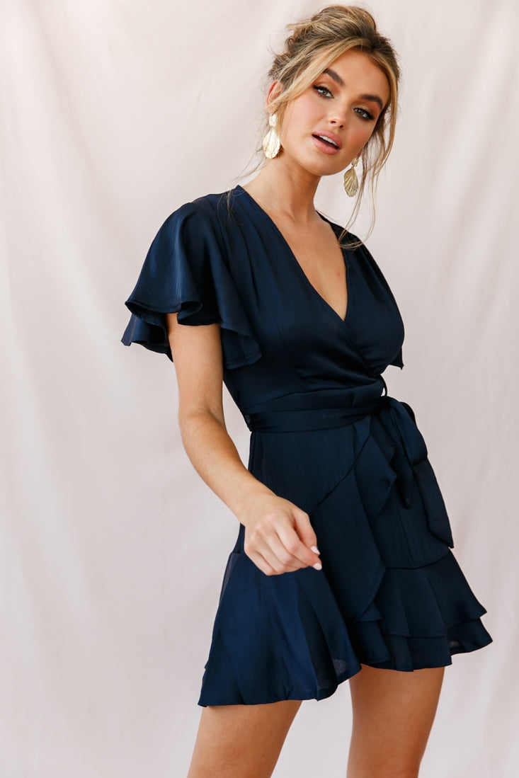 Cami Angel Sleeve Faux Wrap Dress Navy-Maymioy