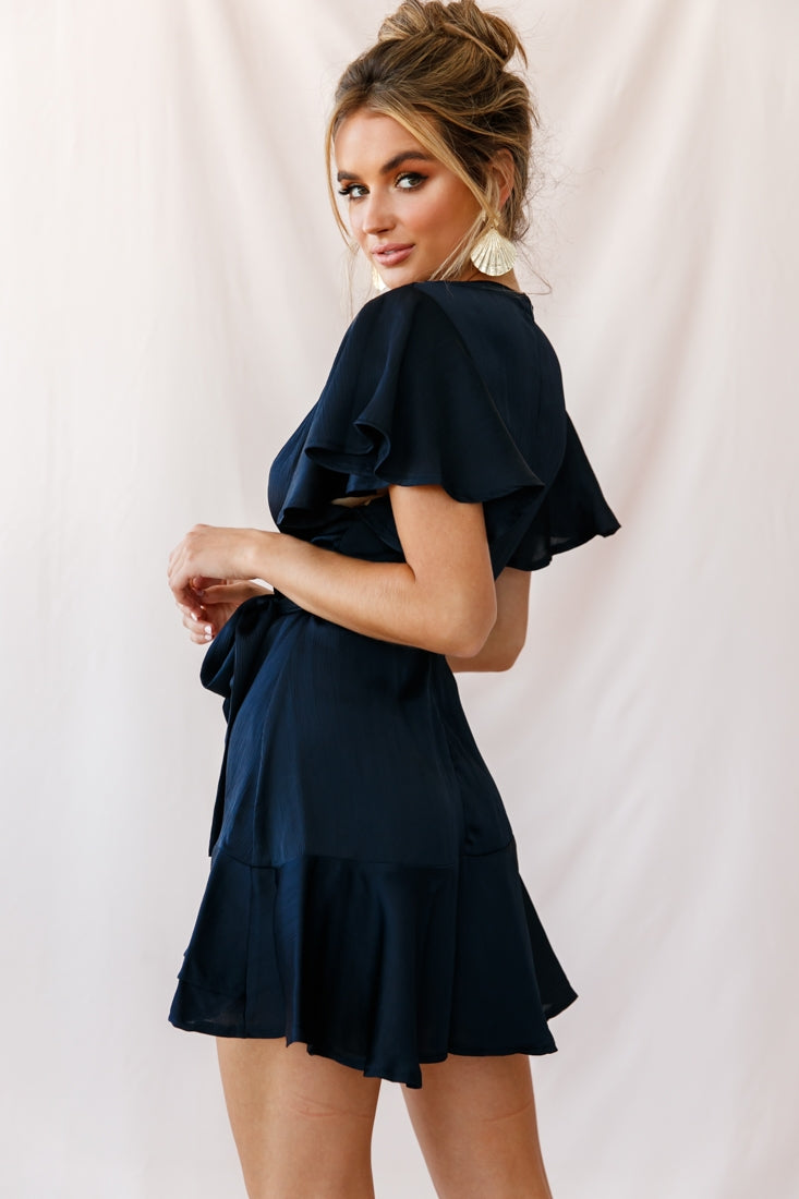 Cami Angel Sleeve Faux Wrap Dress Navy-Maymioy