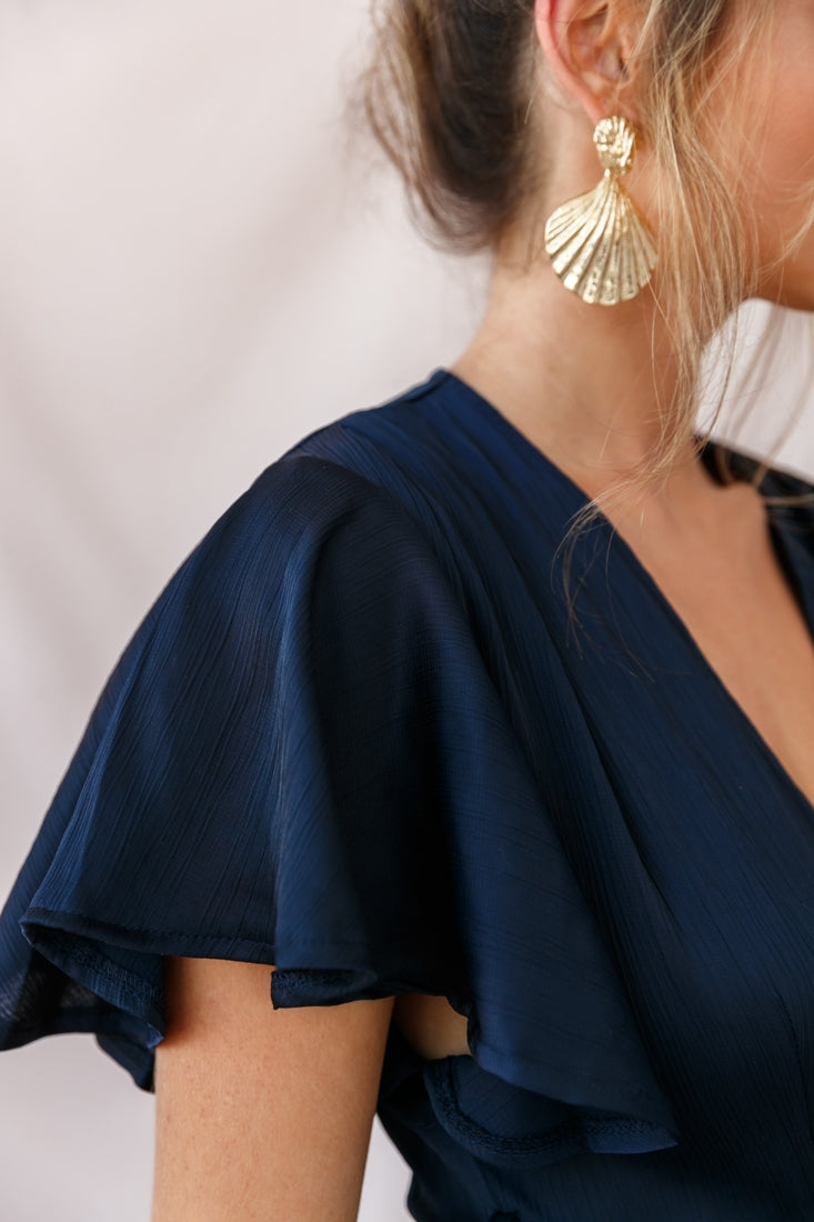 Cami Angel Sleeve Faux Wrap Dress Navy-Maymioy