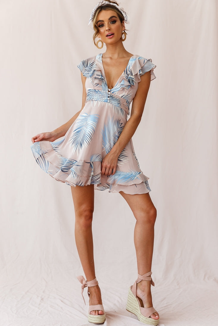 Shaina Pintuck Placket Empire Cut Dress Palm Print Pink-Maymioy