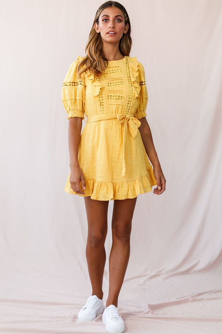 Delia Puff Sleeve Crochet Detail Dress Mustard-Maymioy