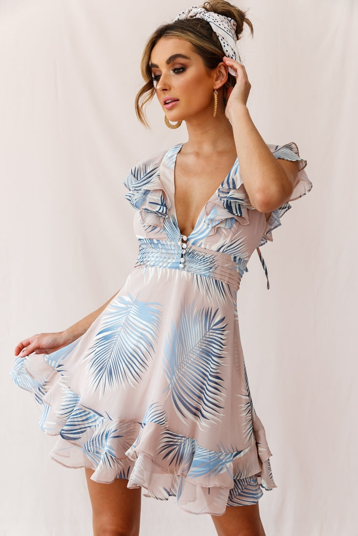 Shaina Pintuck Placket Empire Cut Dress Palm Print Pink-Maymioy