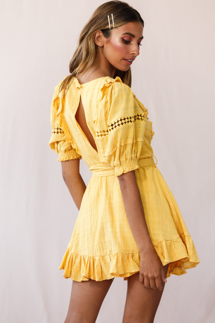 Delia Puff Sleeve Crochet Detail Dress Mustard-Maymioy