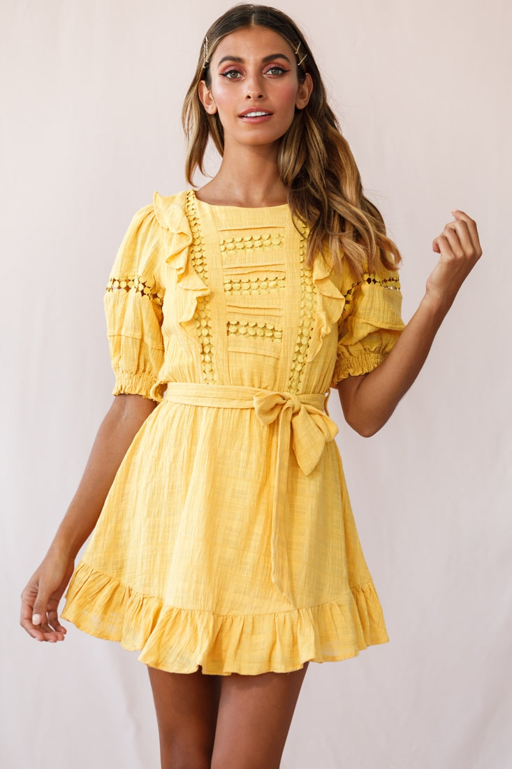 Delia Puff Sleeve Crochet Detail Dress Mustard-Maymioy