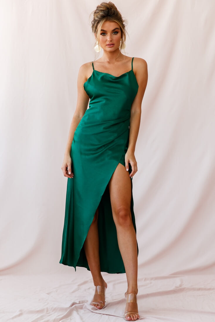 Hey Girl Long Satin Cowl Neck Dress Forest Green-Maymioy