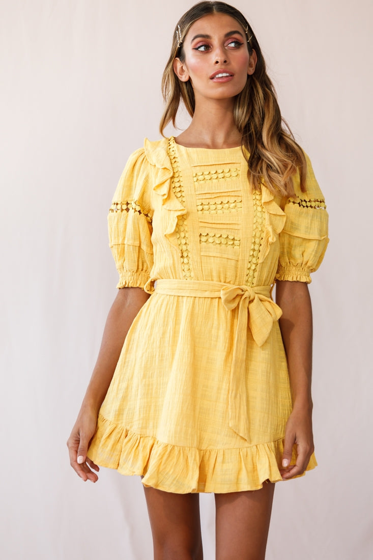 Delia Puff Sleeve Crochet Detail Dress Mustard-Maymioy