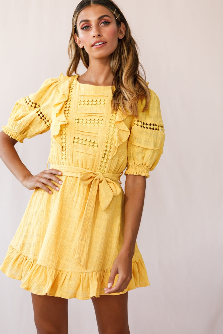Delia Puff Sleeve Crochet Detail Dress Mustard-Maymioy