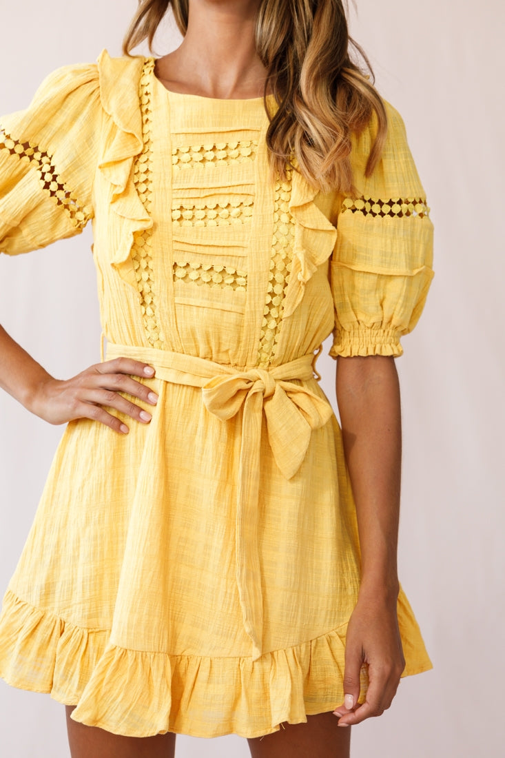 Delia Puff Sleeve Crochet Detail Dress Mustard-Maymioy