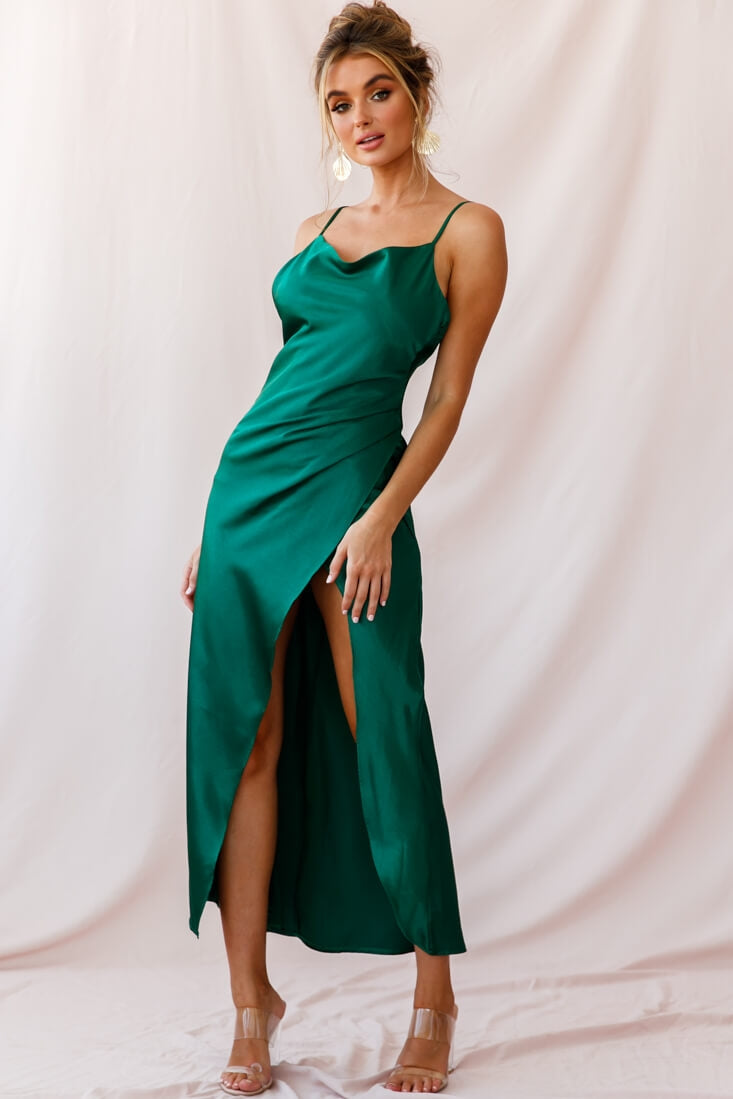 Hey Girl Long Satin Cowl Neck Dress Forest Green-Maymioy