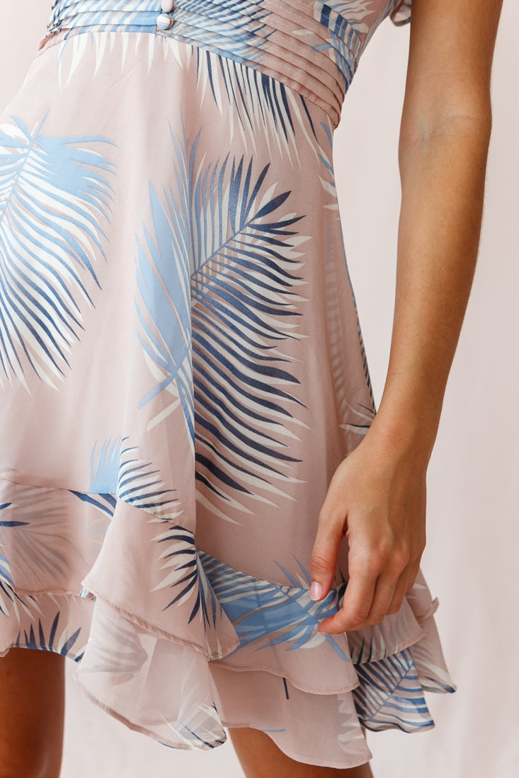 Shaina Pintuck Placket Empire Cut Dress Palm Print Pink-Maymioy
