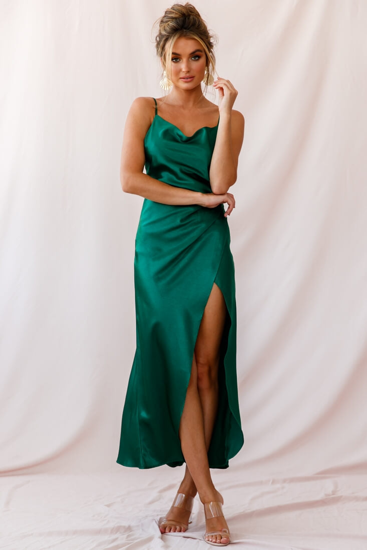 Hey Girl Long Satin Cowl Neck Dress Forest Green-Maymioy