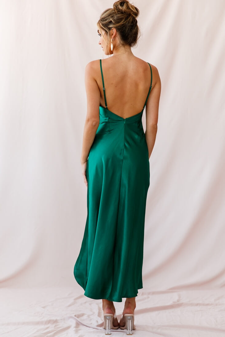Hey Girl Long Satin Cowl Neck Dress Forest Green-Maymioy