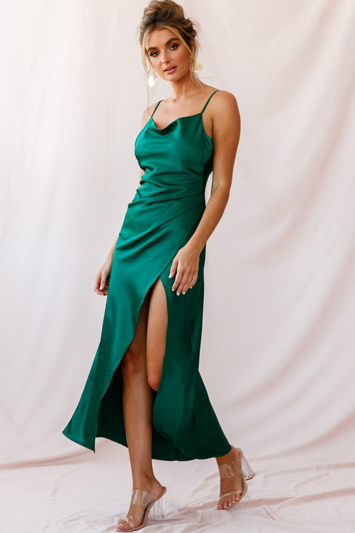 Hey Girl Long Satin Cowl Neck Dress Forest Green-Maymioy