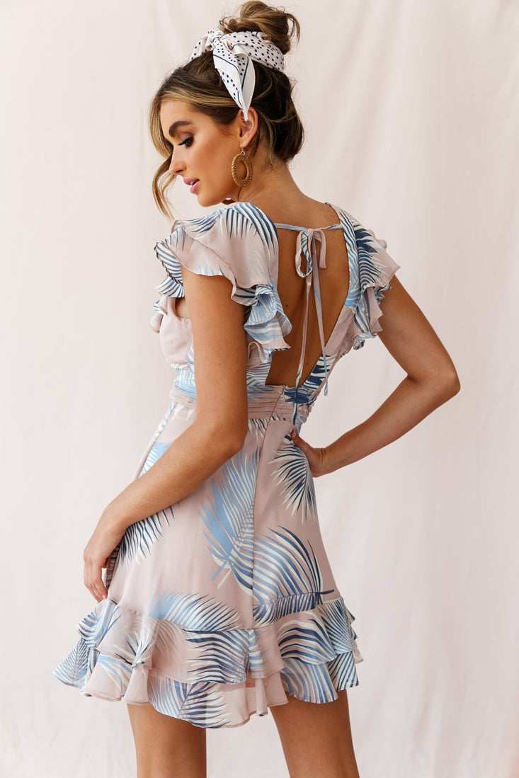 Shaina Pintuck Placket Empire Cut Dress Palm Print Pink-Maymioy