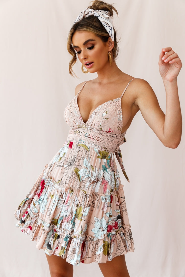 Sanctuary Applique Bust Tie-Knot Back Dress Floral Print Beige-Maymioy