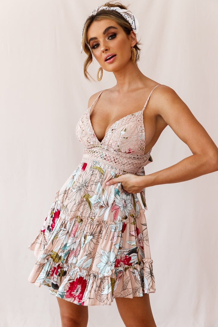 Sanctuary Applique Bust Tie-Knot Back Dress Floral Print Beige-Maymioy