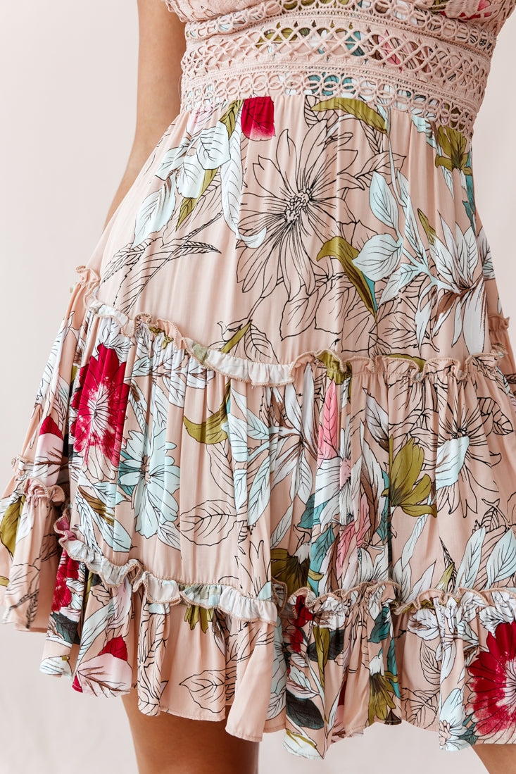 Sanctuary Applique Bust Tie-Knot Back Dress Floral Print Beige-Maymioy