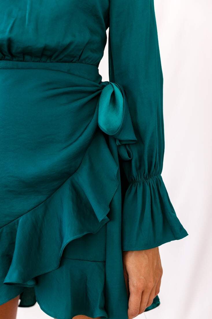 Darla Long Sleeve Satin Dress Forest Green-Maymioy