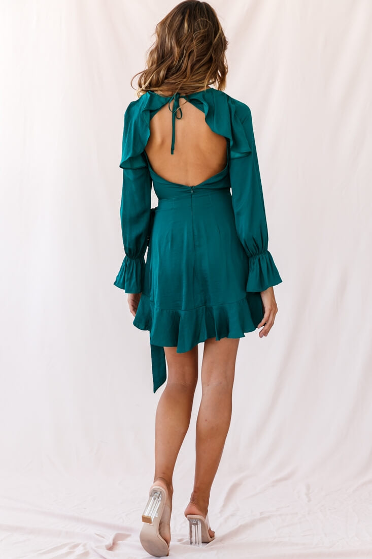 Darla Long Sleeve Satin Dress Forest Green-Maymioy