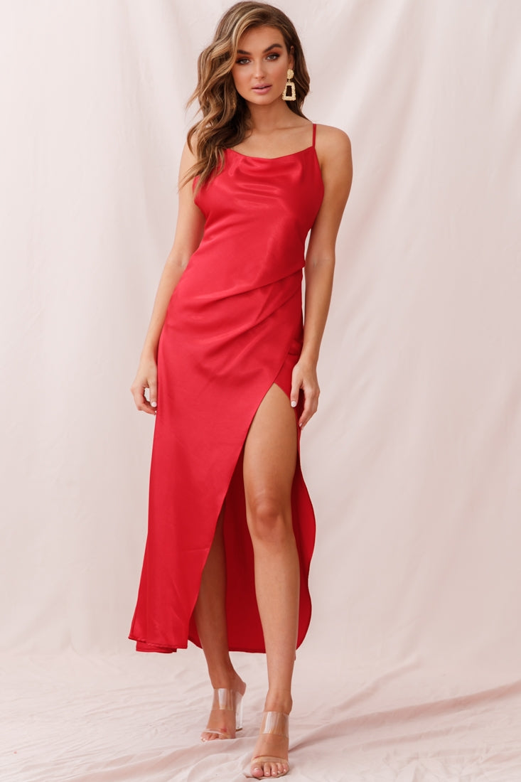 Hey Girl Long Satin Cowl Neck Dress Red-Maymioy