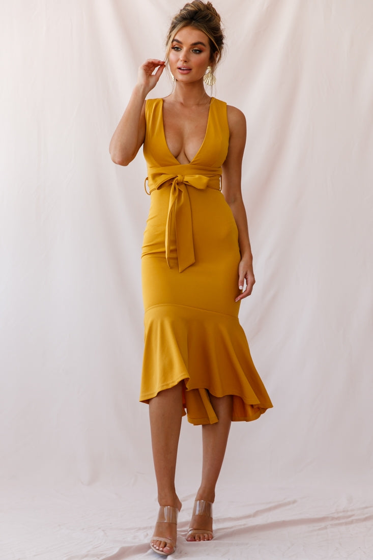 Sorry Not Sorry Wide Strap Flounce Dress Mustard-Maymioy