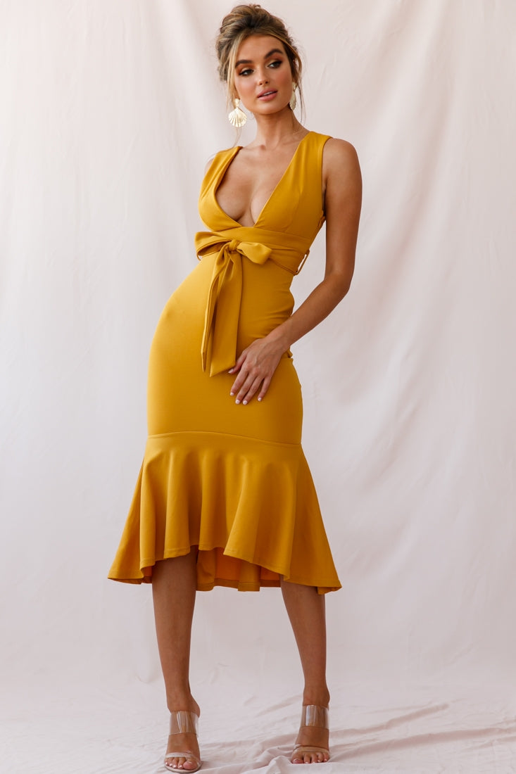 Sorry Not Sorry Wide Strap Flounce Dress Mustard-Maymioy