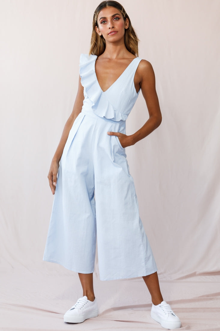 Cheryl Ruffle Strap Wide Leg Jumpsuit Steel Blue-Maymioy