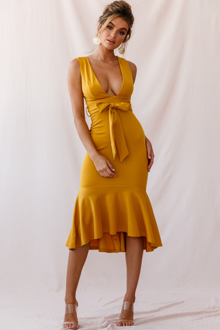 Sorry Not Sorry Wide Strap Flounce Dress Mustard-Maymioy