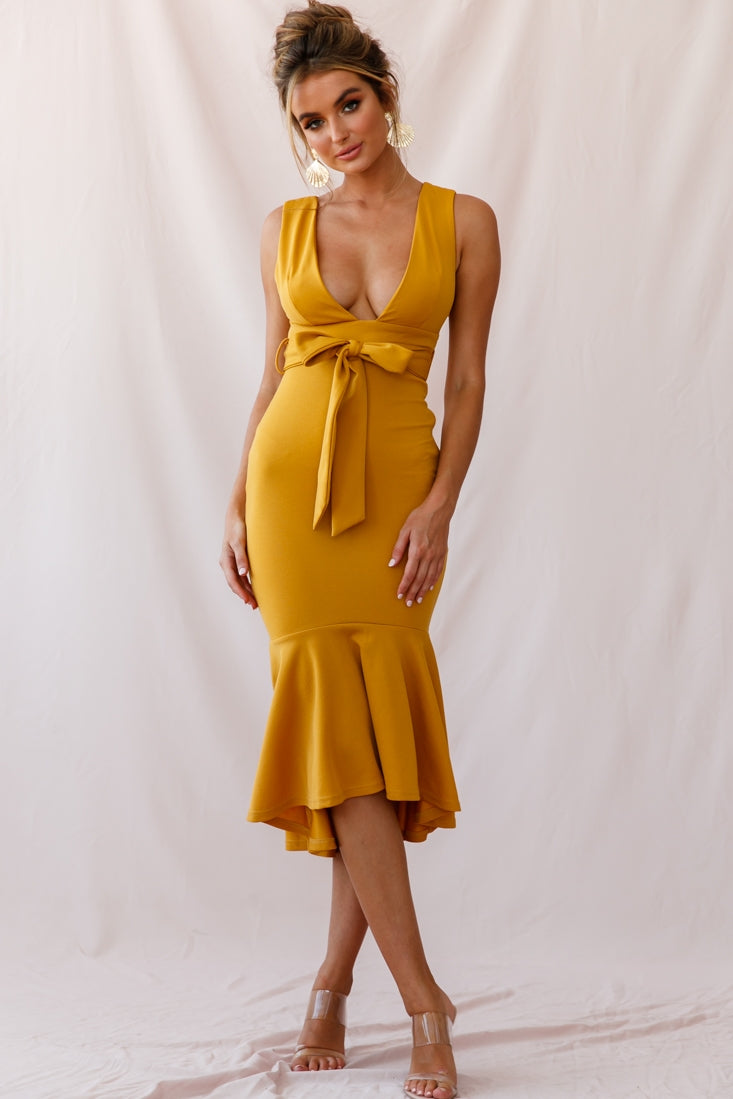 Sorry Not Sorry Wide Strap Flounce Dress Mustard-Maymioy