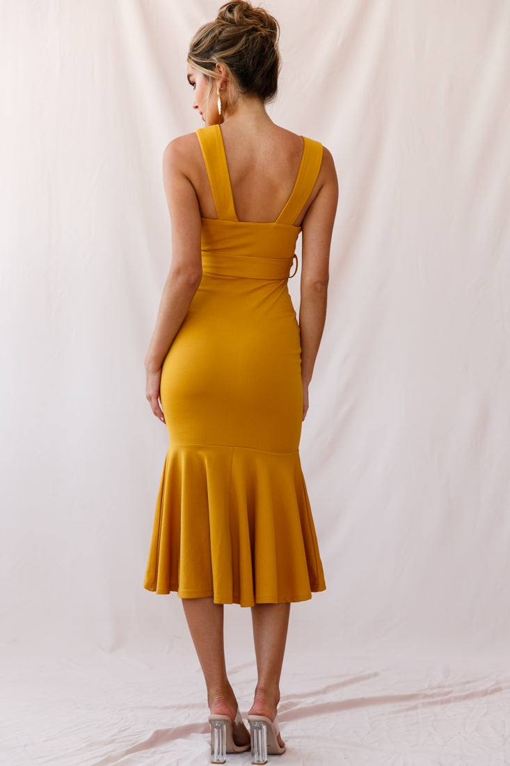 Sorry Not Sorry Wide Strap Flounce Dress Mustard-Maymioy