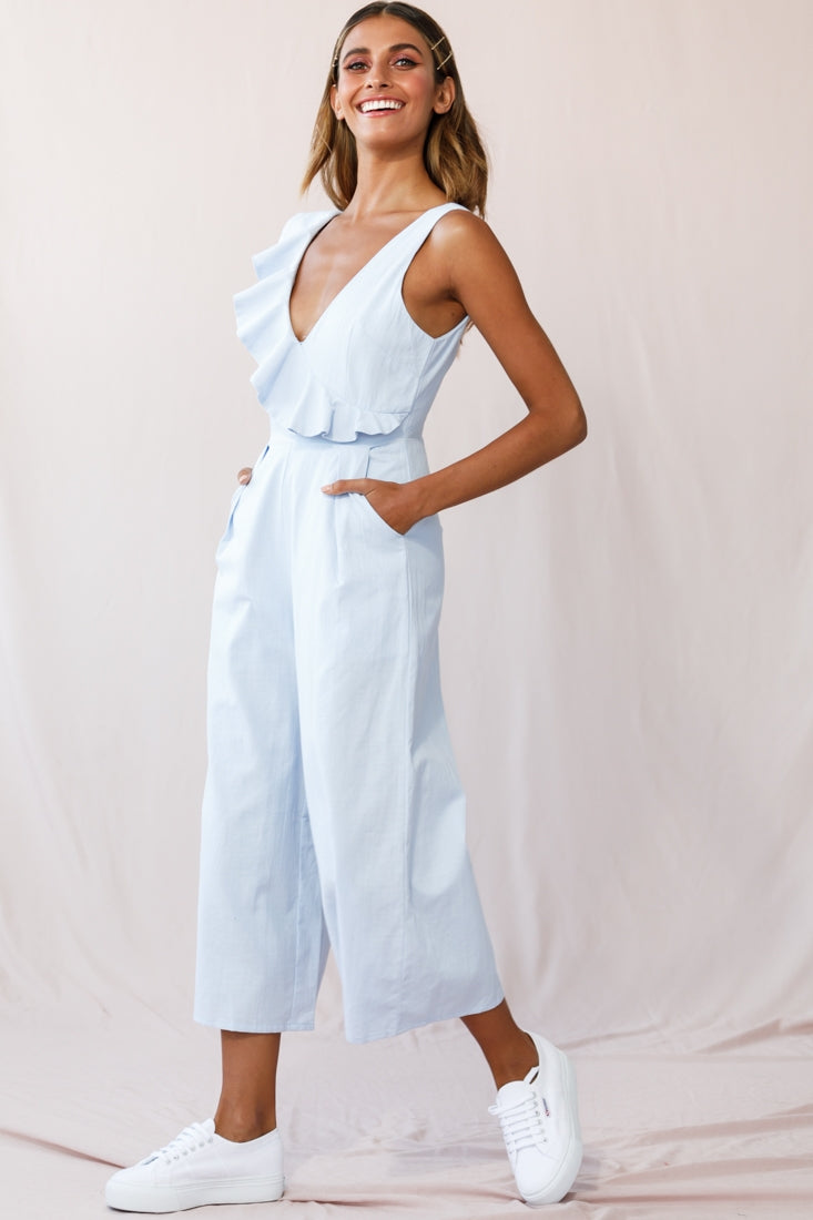 Cheryl Ruffle Strap Wide Leg Jumpsuit Steel Blue-Maymioy