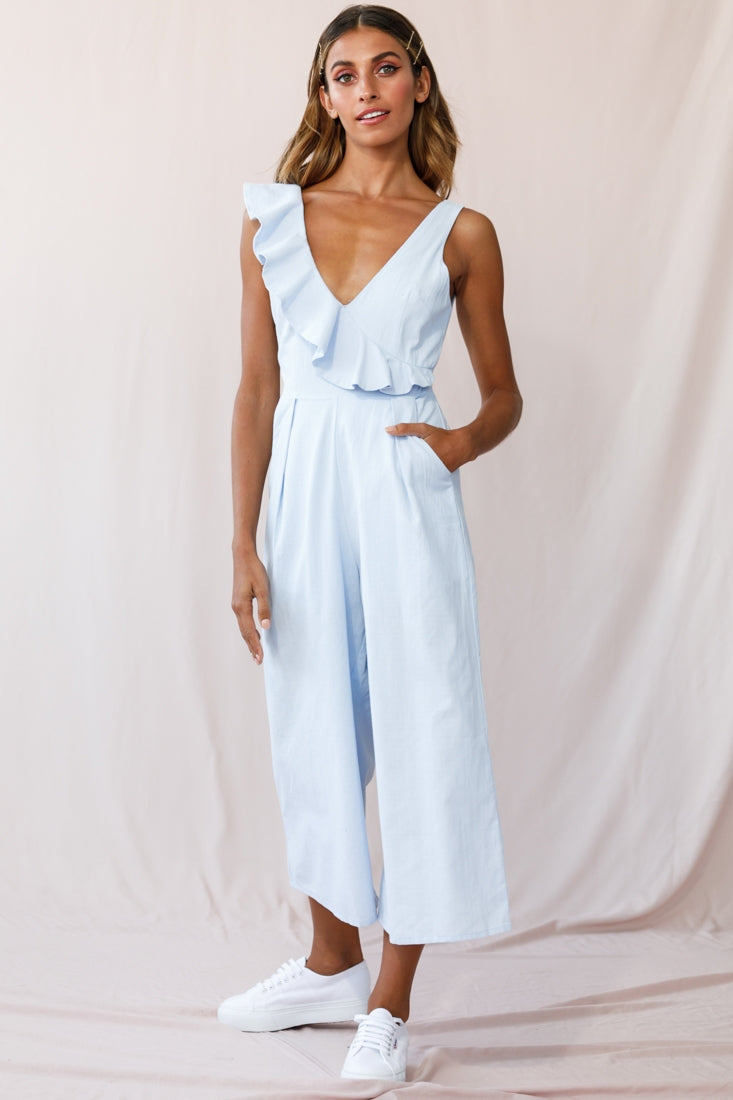 Cheryl Ruffle Strap Wide Leg Jumpsuit Steel Blue-Maymioy