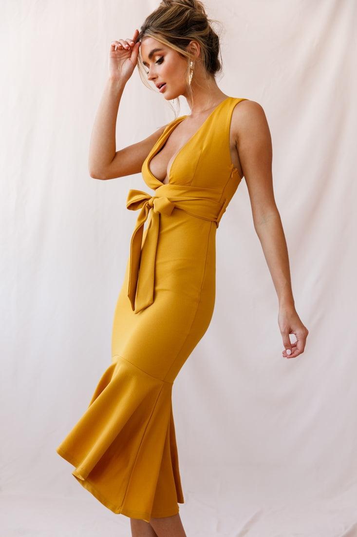 Sorry Not Sorry Wide Strap Flounce Dress Mustard-Maymioy