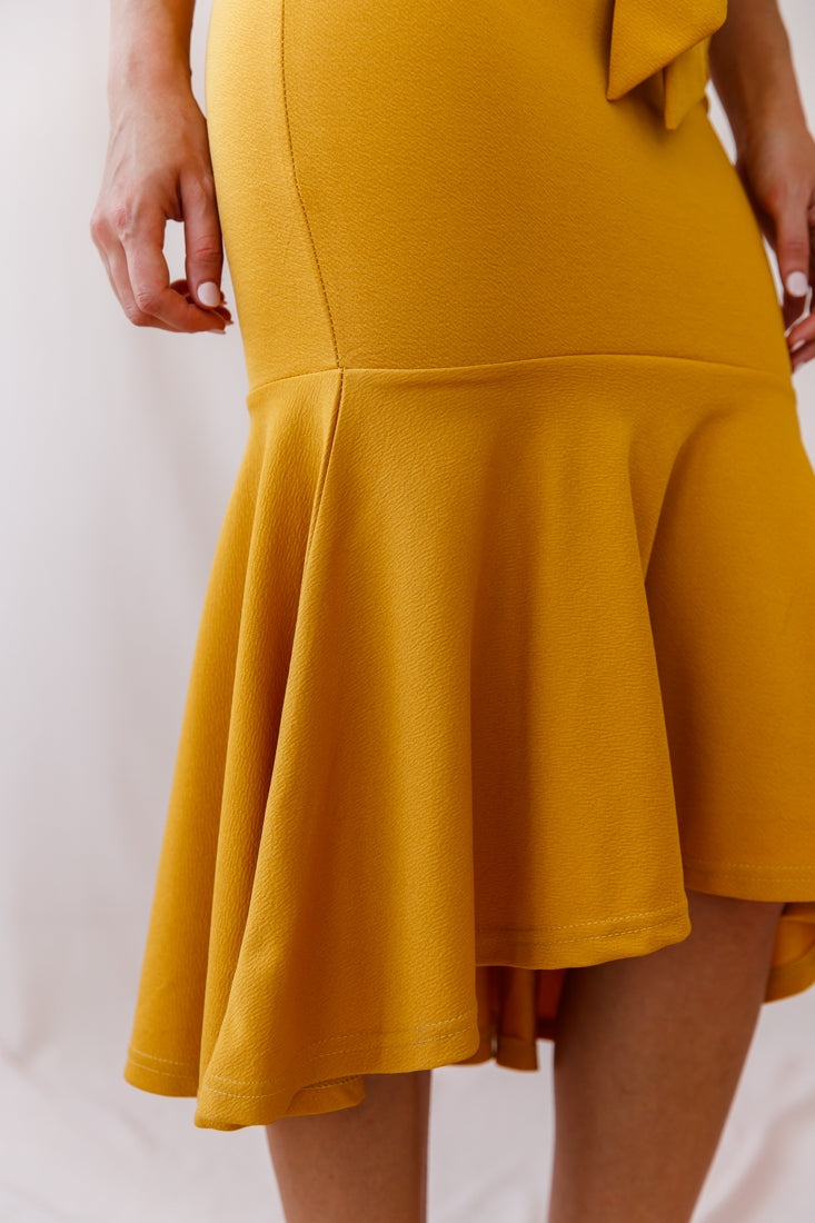 Sorry Not Sorry Wide Strap Flounce Dress Mustard-Maymioy