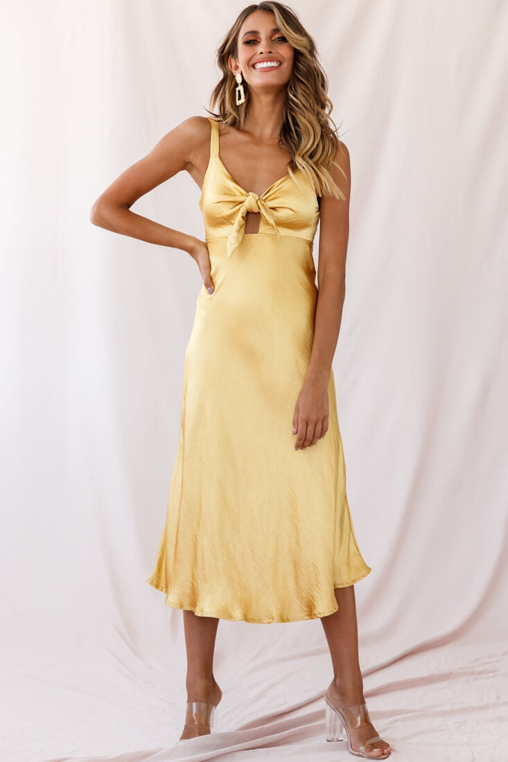 Perfect Day Satin Midi Dress Mustard-Maymioy