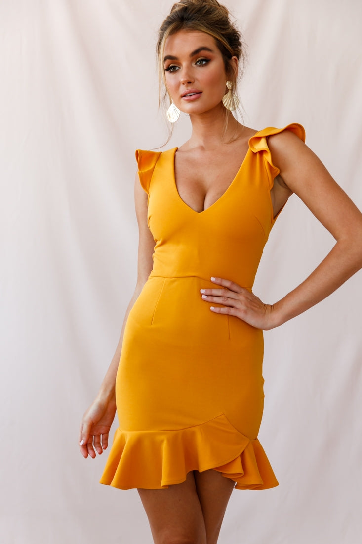 Take Note Frill Dress Mustard-Maymioy