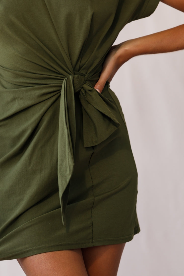 Kenya Tie Front T-Shirt Dress Khaki-Maymioy