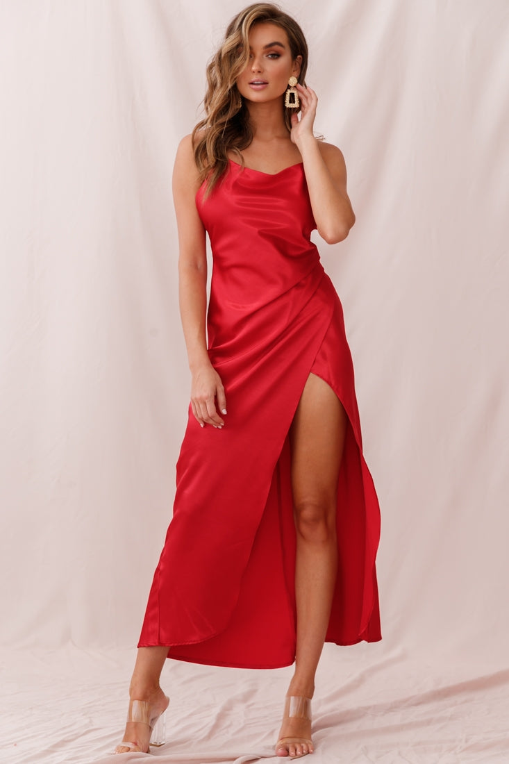 Hey Girl Long Satin Cowl Neck Dress Red-Maymioy